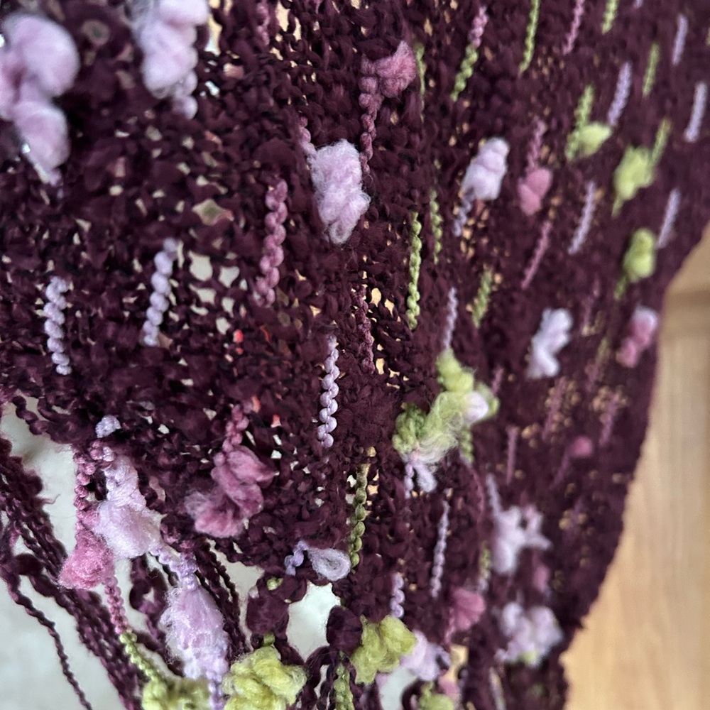 Burgundy Knit Scarf with Pink and Green Accents - Picture 3 of 3
